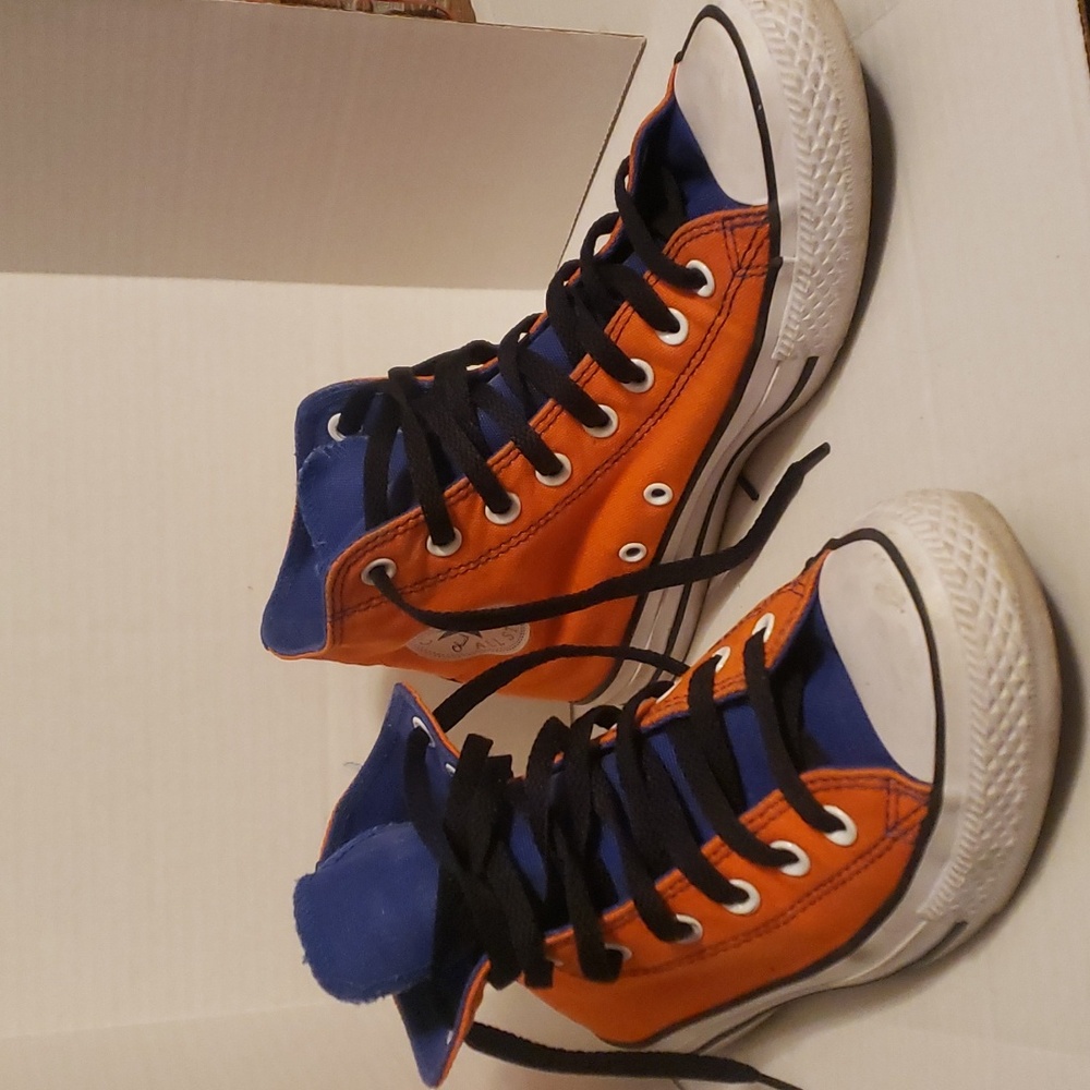 orange and blue converse hi-tops men's 7.5 women's 9.5